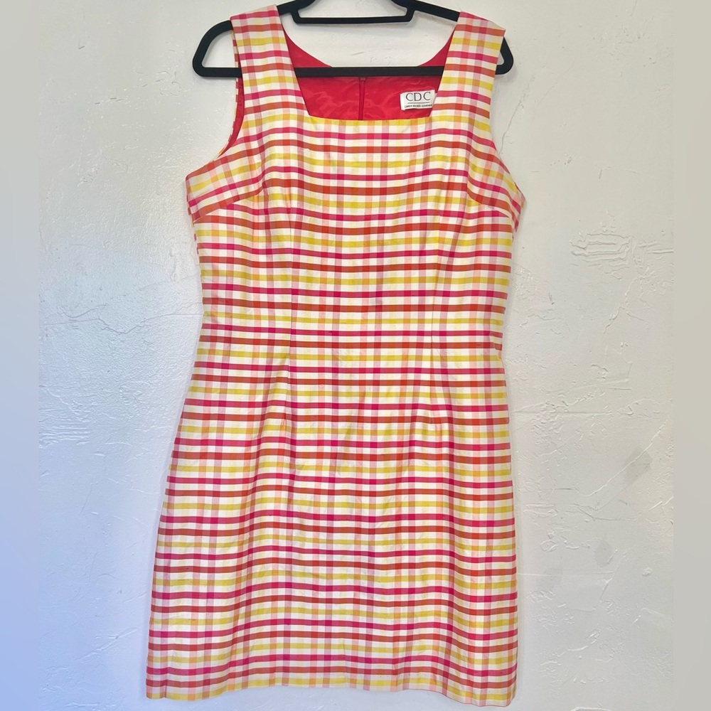CDC Caren Desirée Company Silk Vintage VTG Plaid Square Neck Mini Dress Plus 14